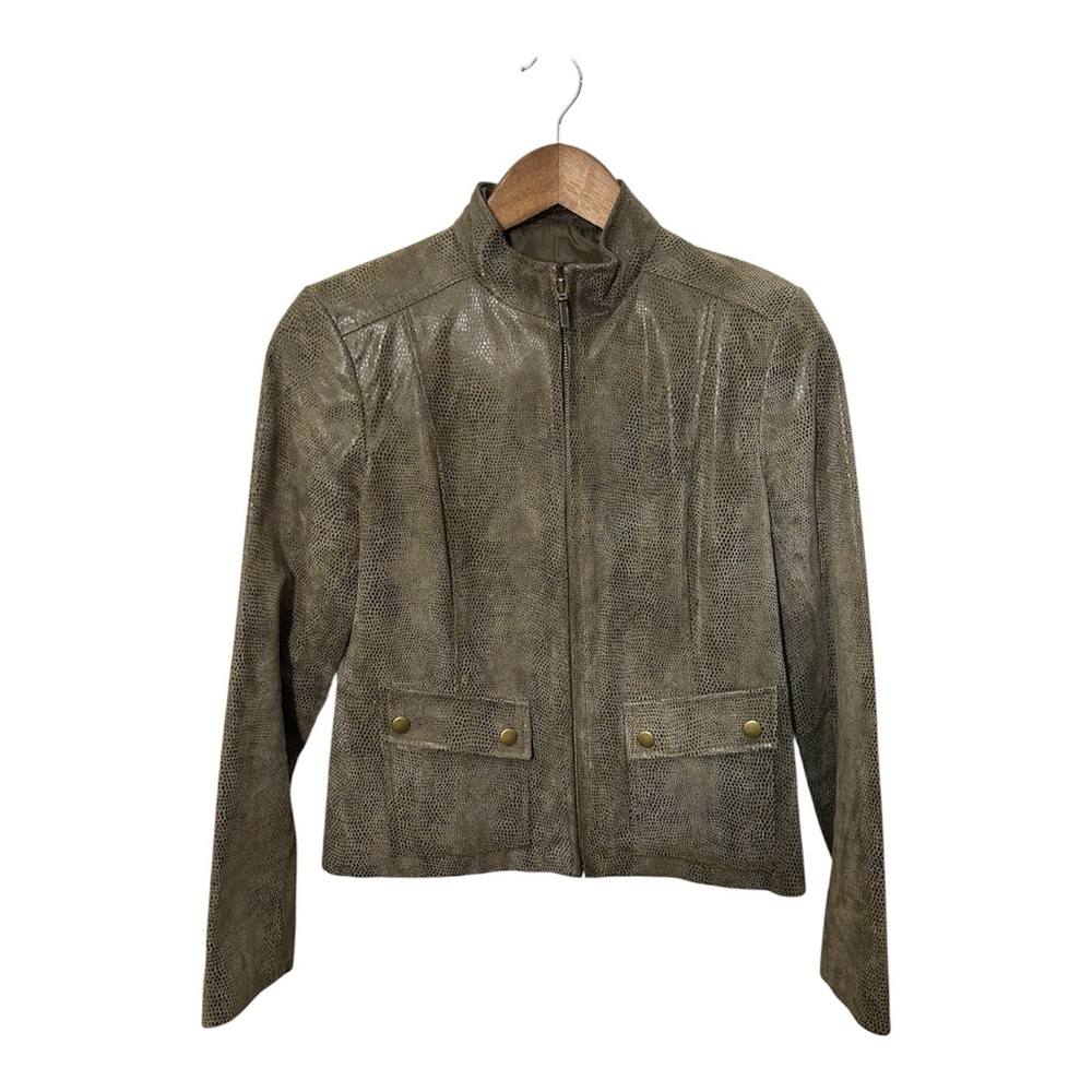 Alfani Genuine Leather Moto Jacket Brown Taupe Textured Zip Front Size Small